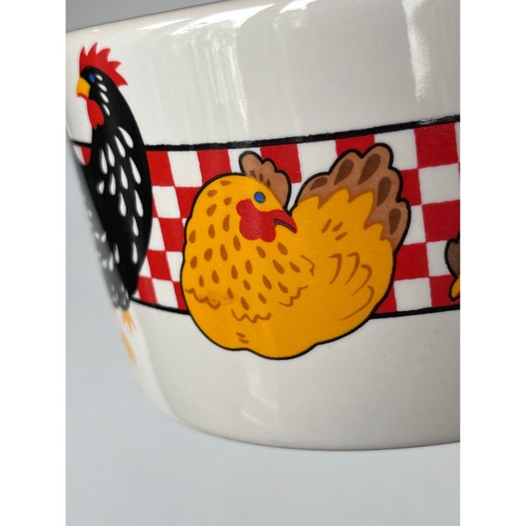 Ceramic Chicken/Rooster Soup Mugs Bowl With Handle Farmhouse Checkered Red - Picture 6 of 10